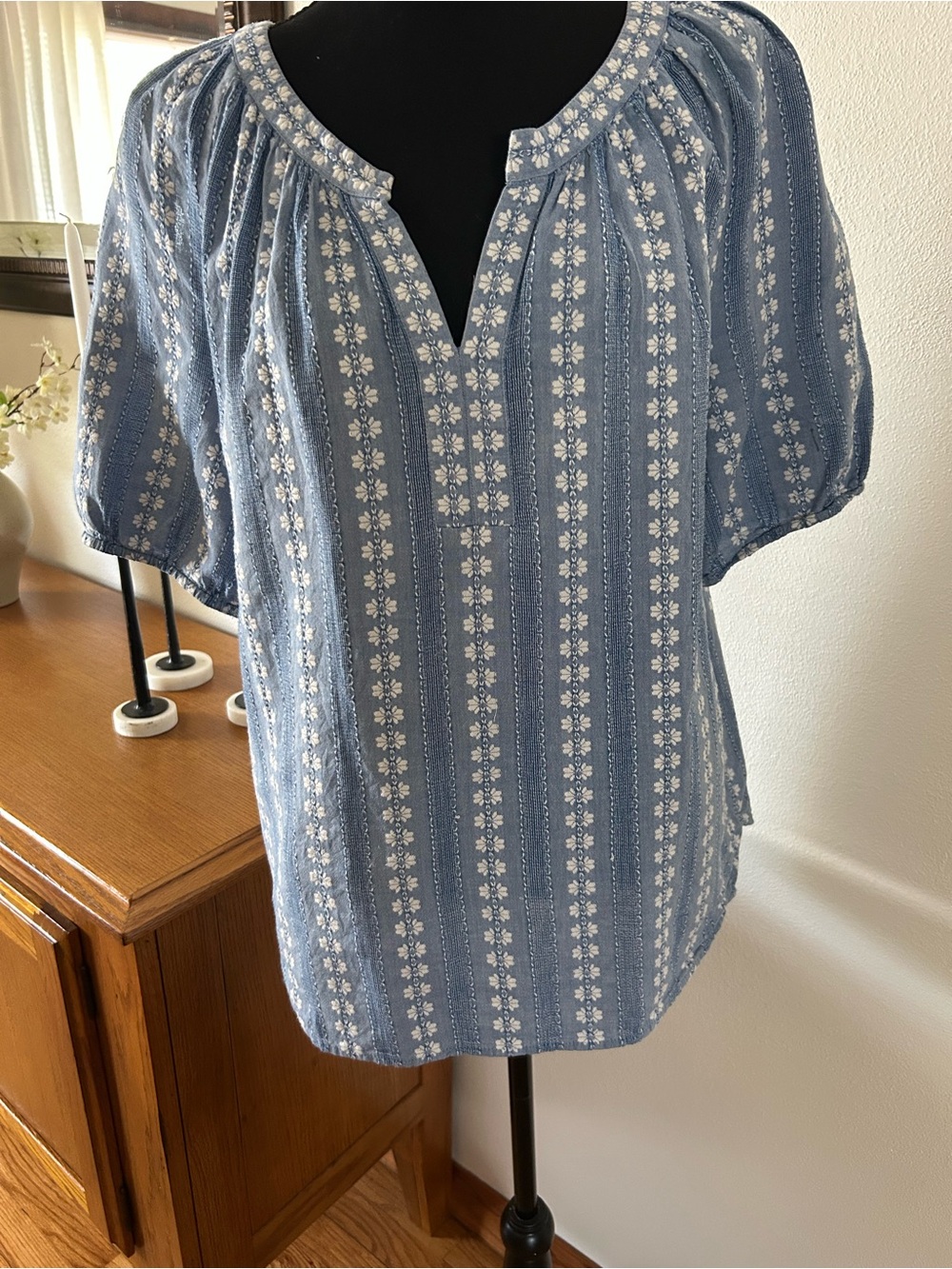 LOFT Light Blue Floral Stripe Peasant Blouse